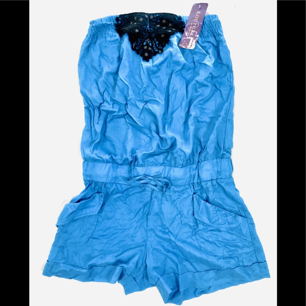 Kouture by Kimora/ blue Strapless Lace Trim Romper